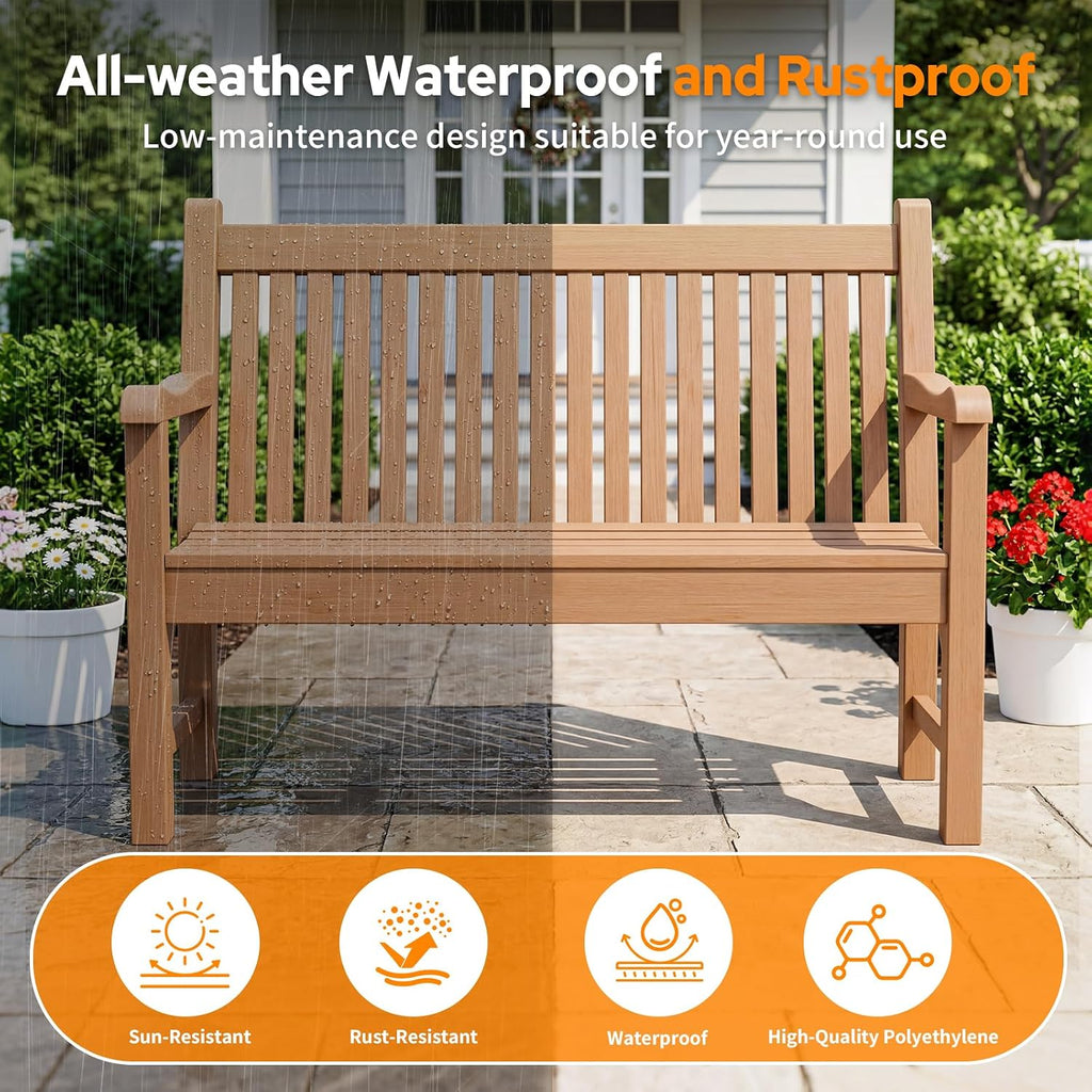 2-Person Outdoor Bench with 700 Lbs Weight Capacity, Teak | Poly Lumber Weatherproof Garden Bench Seating for Porch