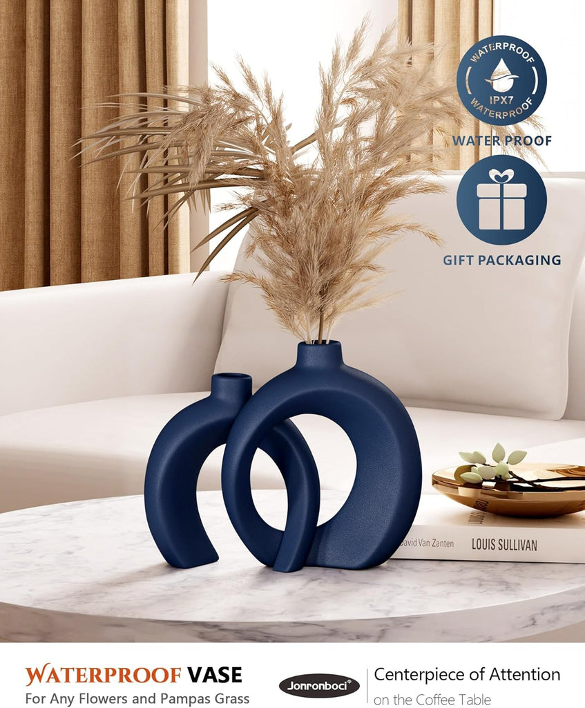 Blue Vase Set of 2 - Donut Navy Vases Home Decor, Modern Coastal Decor - Decorative Vase, Ceramic