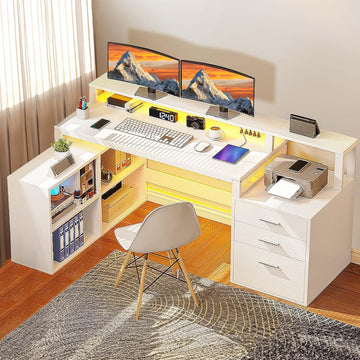 L Shaped Desk with Drawers, 65" Computer Desk with Power Outlets & LED Lights