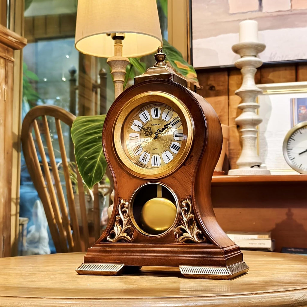 Table Clock 15''H Mantel Clock with Pendulum Roman Numeral Antique Desk Clock for Bedroom Living Room Indoor for Home