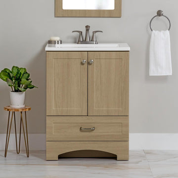 24 Inch Bathroom Vanity with White Single Sink Top, 2-Door Cabinet, 1 Drawer, 24.5" W x 18.75" D x 32.89" H, Sandy Oak