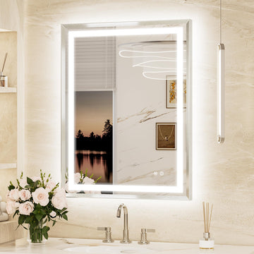 28x36 Inch Nickel LED Bathroom Mirror with Lights, Beveled Edge