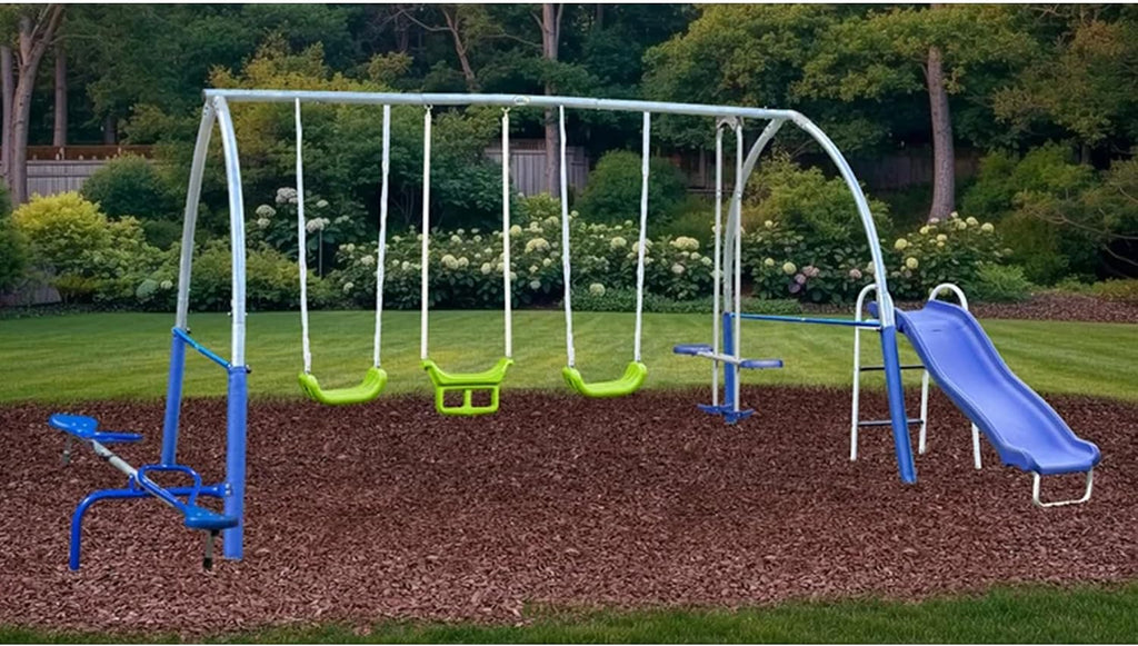 Titan II Safe-Arch Swing Set for Backyard, Silver, Blue & Green - Includes Seesaw, 2 Swing Seats, Stand R, Air