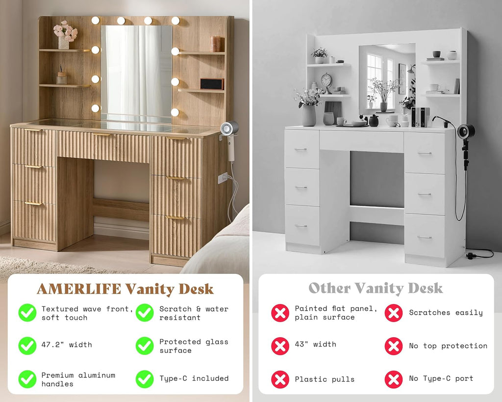 47.2" Fluted Vanity Desk with Mirror and Lights, Natural Oak | Large 7 Drawers Wood Makeup Vanity Table with Glass