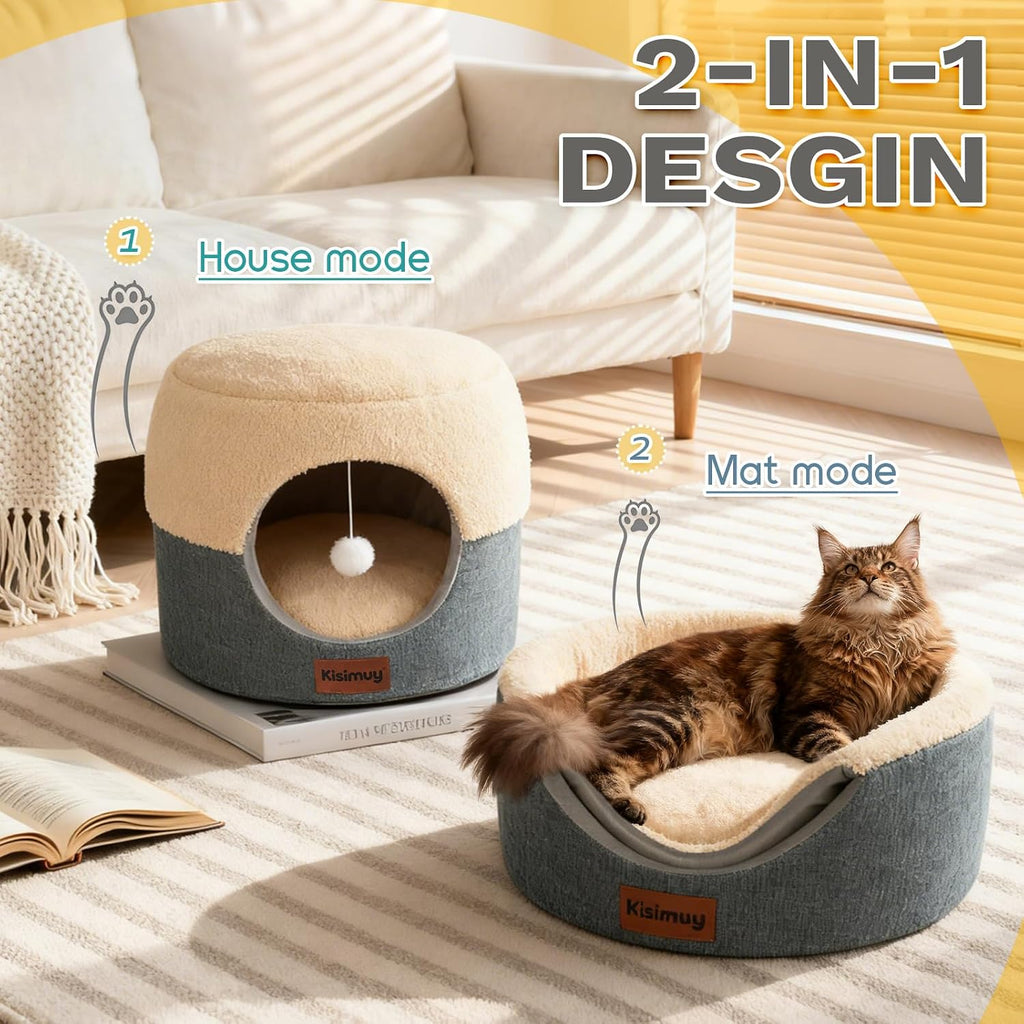 2-in-1 Cat Cave Bed & Lounger with Reversible Plush Cushion, Cat Bed for Indoor Cats, Foldable Anti-Slip Cat House