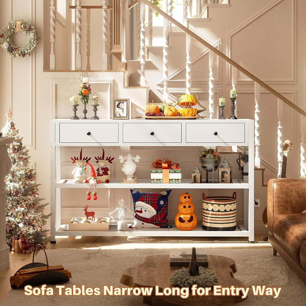 47'' Entryway Table with Outlets and USB Ports, Console Table with 3 Drawers, Sofa Table Narrow Long with Storage