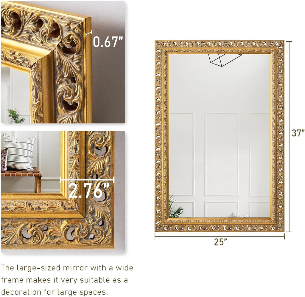 25"x37" Solid Wood Gold Leaf Wall Mirror, Ornate Decor Mirror, Cut-out Carvings Solid Wood Frame