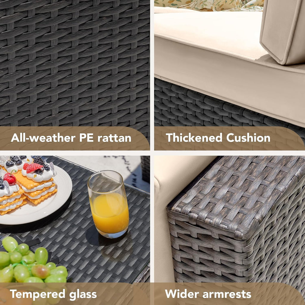 Patio Furniture Sets 6 Pieces Outdoor Sectional Rattan Sofa Manual Weaving Wicker Patio Conversation Set with Glass