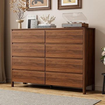 55" Mid-Century Modern Dresser , 8 Drawer Wide Chest of Drawers with Wood Legs, Large Storage Bedroom Dresser, Walnut
