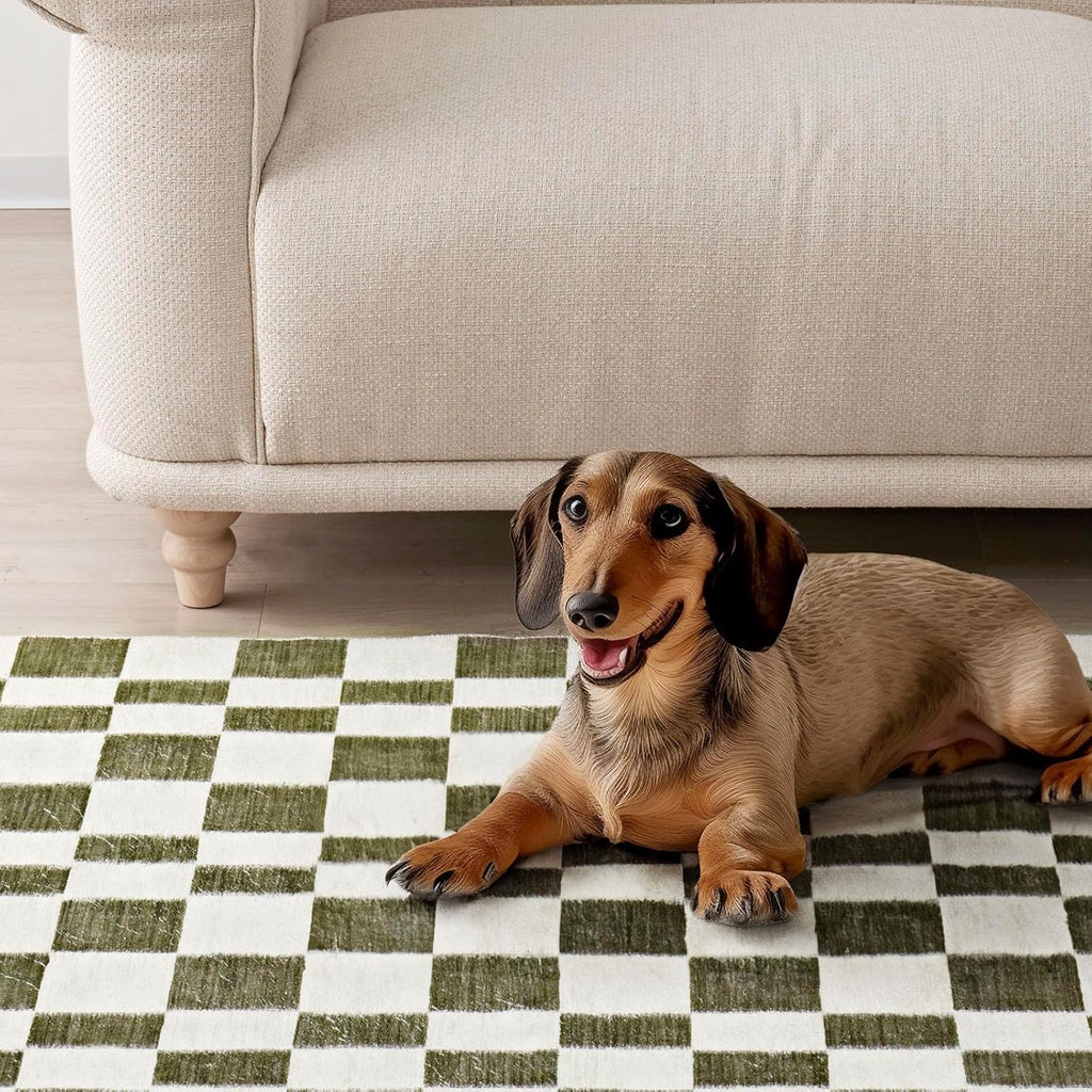Checkered Plaid Area Rug 2x10, Soft Fuzzy Faux Wool Rugs Washable Anti Slip Rugs Long Runner Carpet 