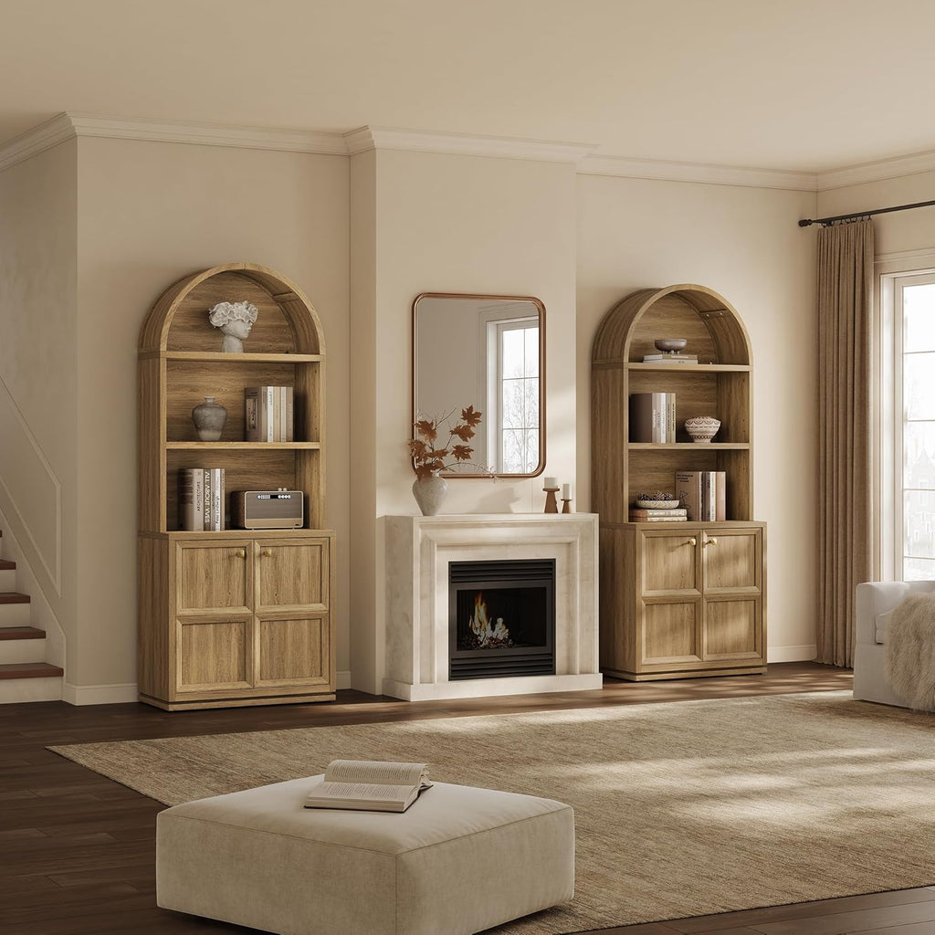 81" Tall Arched Bookcase with Doors, Large Bookshelves with Storage