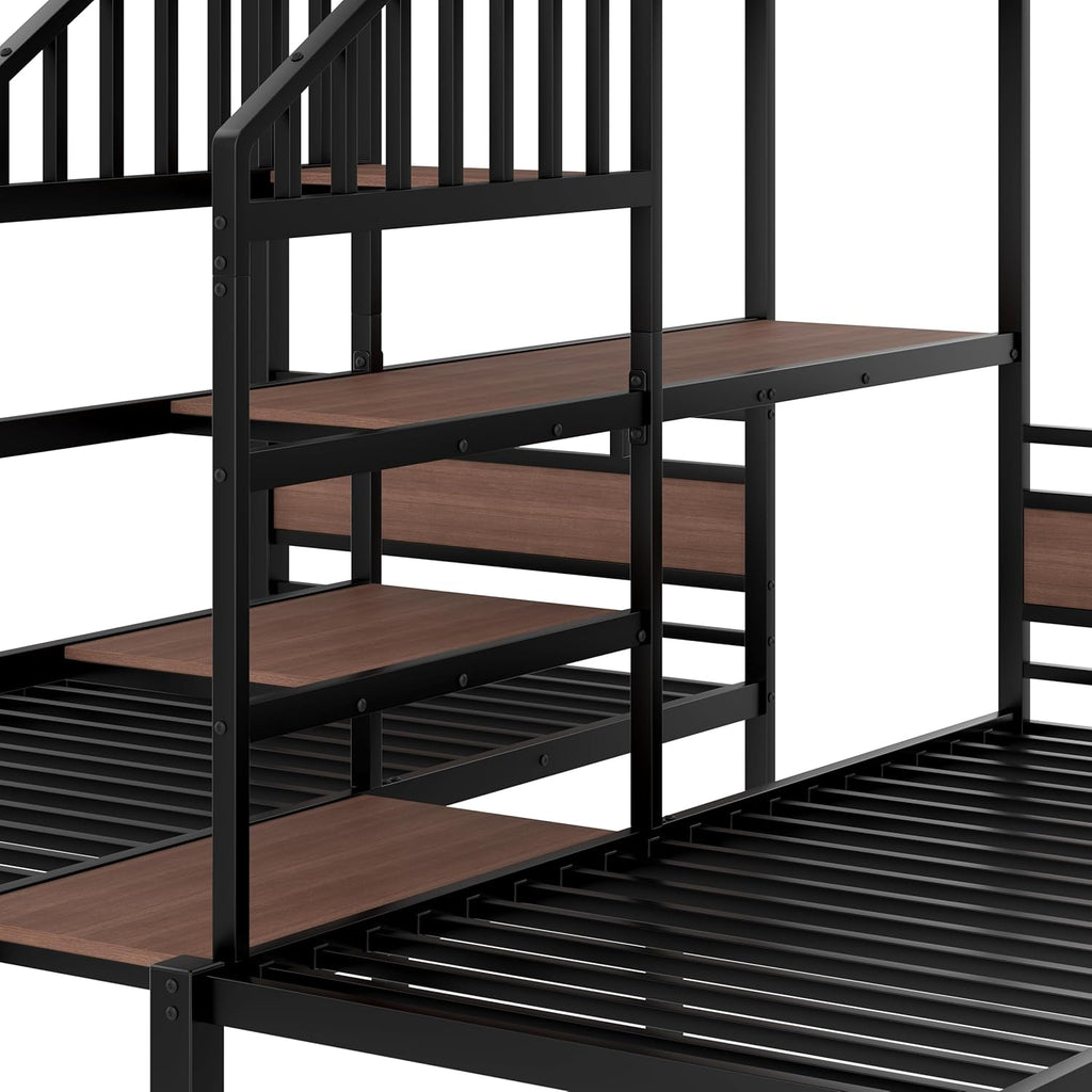 Twin Over Twin Over Twin Bunk Bed with Shelf and Storage Stairs