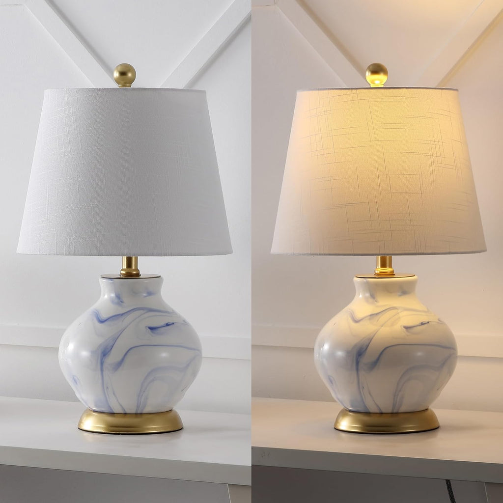 20.5" Blue/White Marbleized Ceramic Table Lamp, Contemporary Traditional Bedside Lamp, Gold Accents