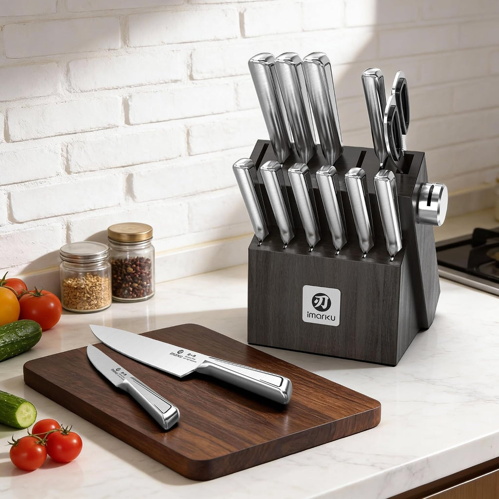 Japanese High Carbon Stainless Steel Knife Set with Block, Precision-Forged Gyutou Kitchen Knives with Built-in