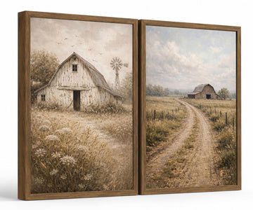 Farmhouse Wall Art Set of 2, Vintage Rustic Barn Landscape Canvas Prints