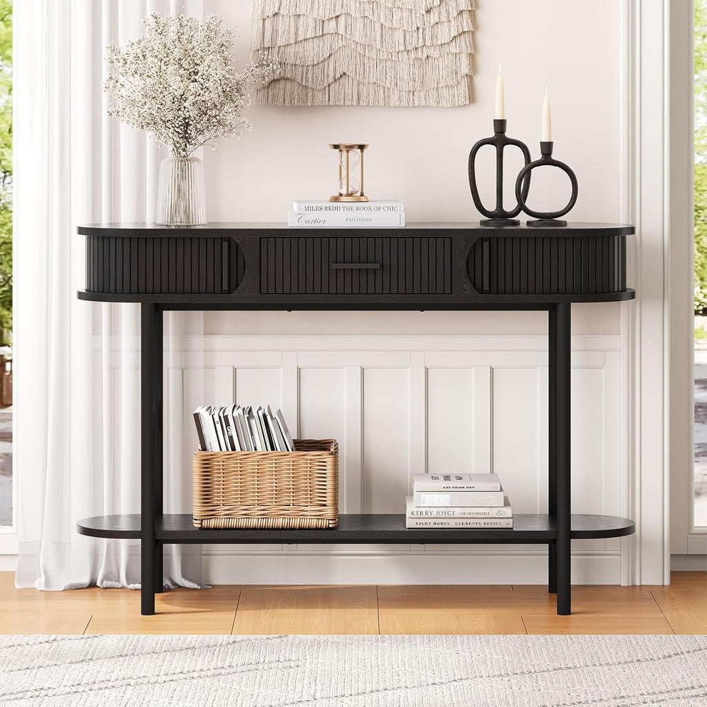 47 Inch Fluted Console Table with Drawers, Entryway Table with Storage, Oval Sofa Tables Behind Couch, Mid-Century