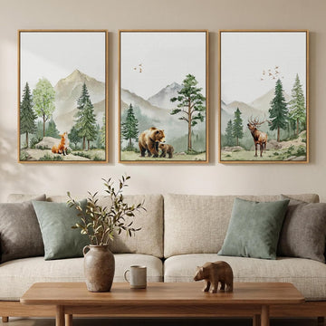 Framed Rustic Forest Animal Wall Art, 3 Piece Nature Landscape Deer Bear Fox Canvas Artwork for Modern Farmhouse