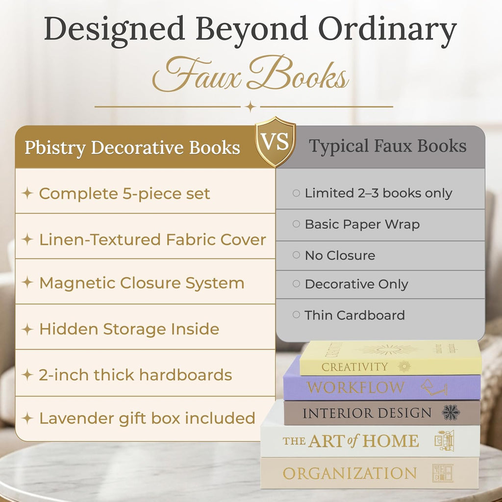 Decorative Books Set of 5 with Hidden Storage & Magnetic Closure - Oxford Linen Faux Books with Gold Foil Embossing |