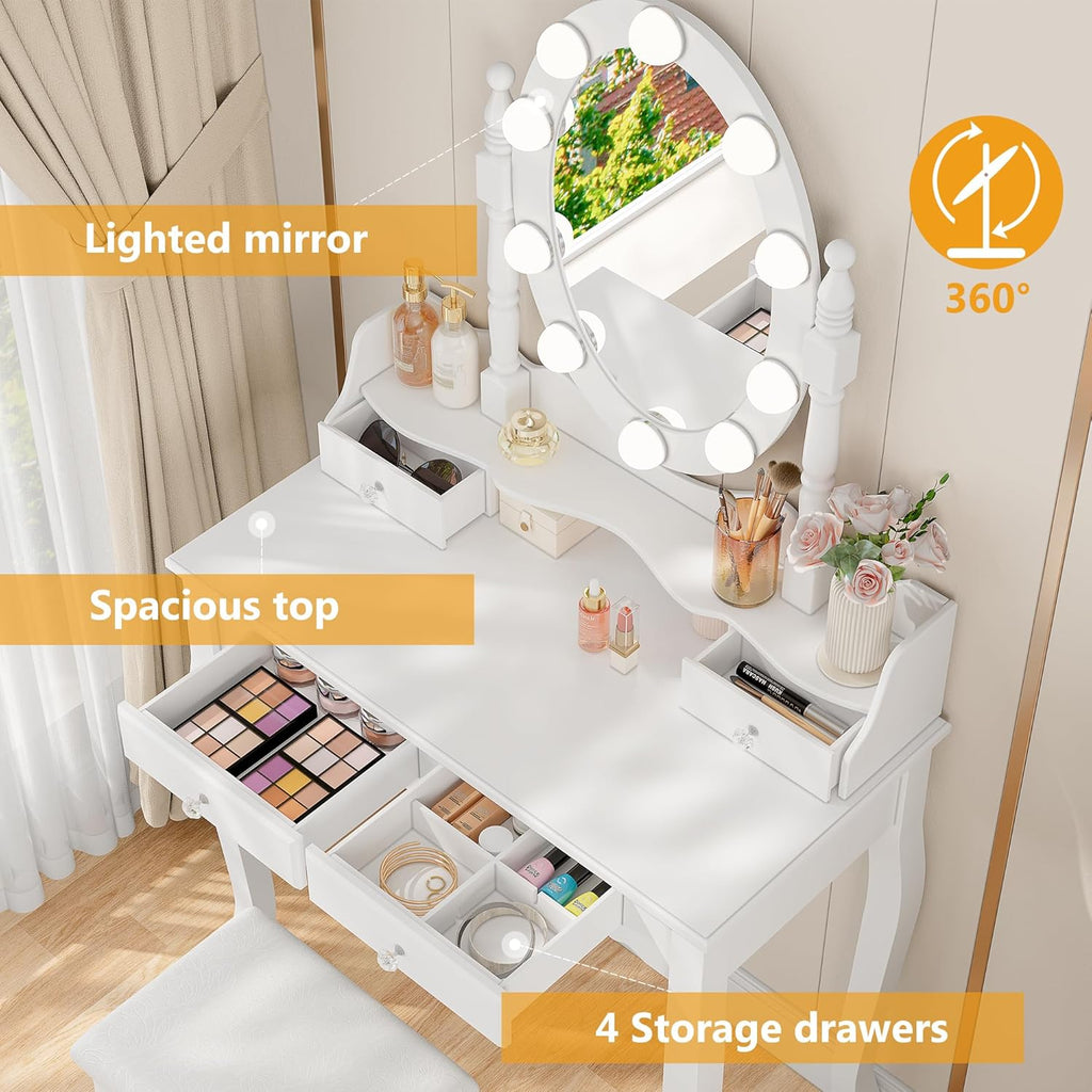 Girls Makeup Vanity Set with 360° Rotating Lighted Mirror | Dressing Table Desk with Dimmable LED Hollywood Lights, 4
