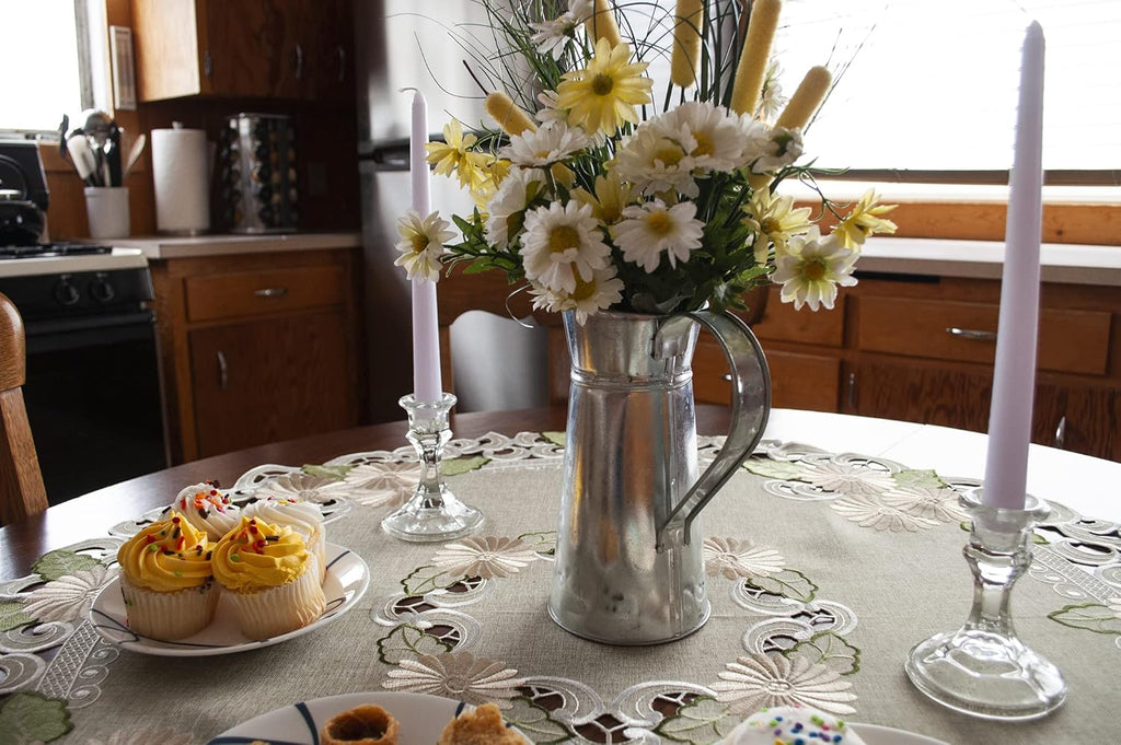 Embroidered Table Topper Gold Daisy Fleur Latte Small Tablecloth Doily (33 Inch Round)