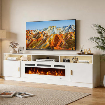 80" Fireplace TV Stand with Power Outlet, Electric Fireplace Entertainment Center with Storage Cabinets, Fits TVs up