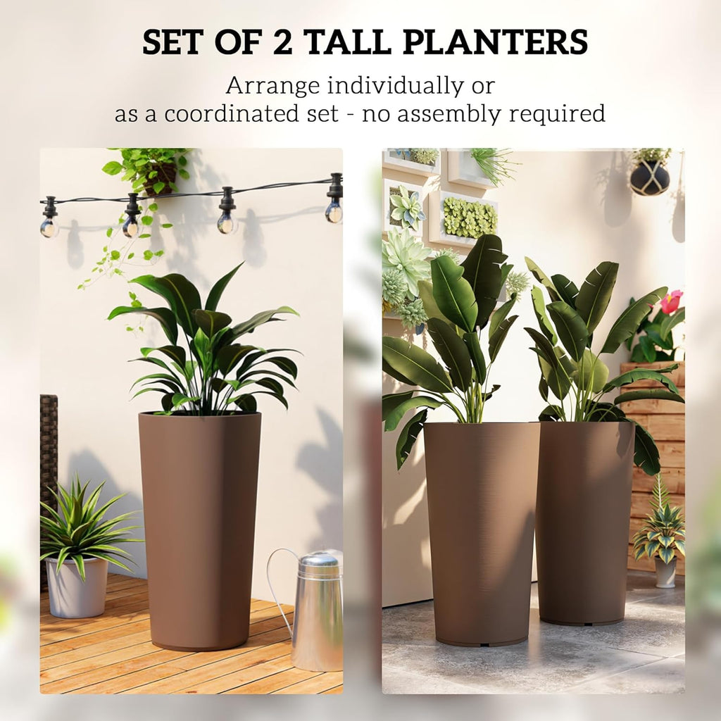 29 Inch Tall Planters for Outdoor Plants Set of 2, Brown | Plastic Flower Pots, DIY Drainage Holes, Stackable Large