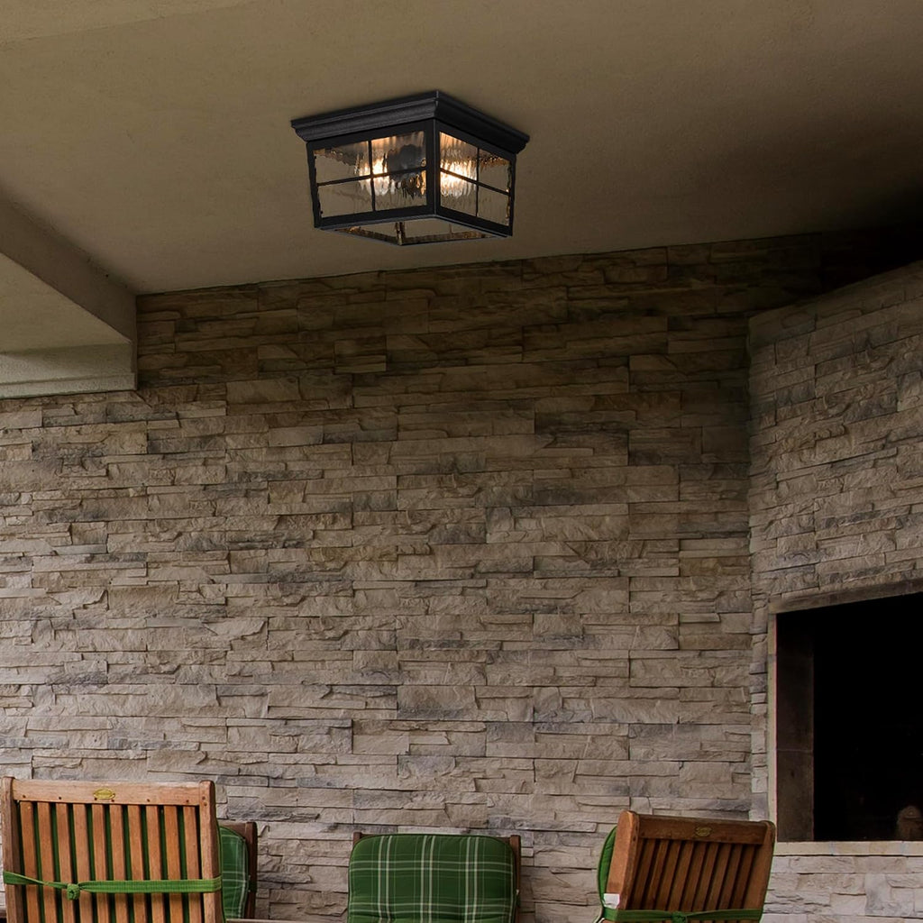 Outdoor Flush Mount Ceiling Light Fixture, Black with Water Glass | Square Farmhouse Porch or Patio Light
