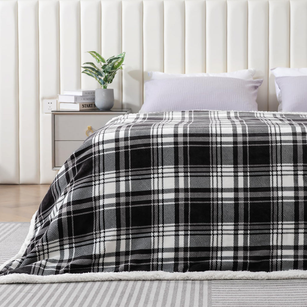 Sherpa Plaid Throw Blanket, Fleece Flannel Plush Twin Size Microfiber Blanket for Couch Bed Sofa, Fuzzy Fluffy Cozy