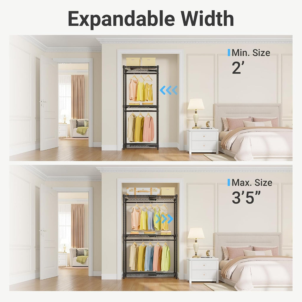 X1 Expandable Clothes Rack Heavy Duty Adjustable Closet System Black | Adjustable Shelves and Hanger Rods from 2' to