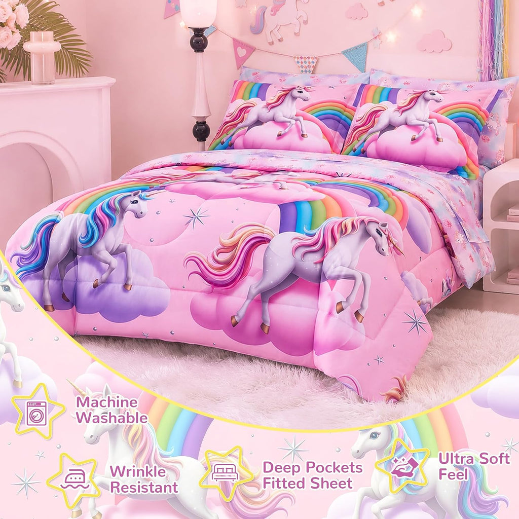 Kids Bedding Sets for Girls, Soft Comforter Set with Sheets, 7 Pieces Microfiber Bed in a Bag, White