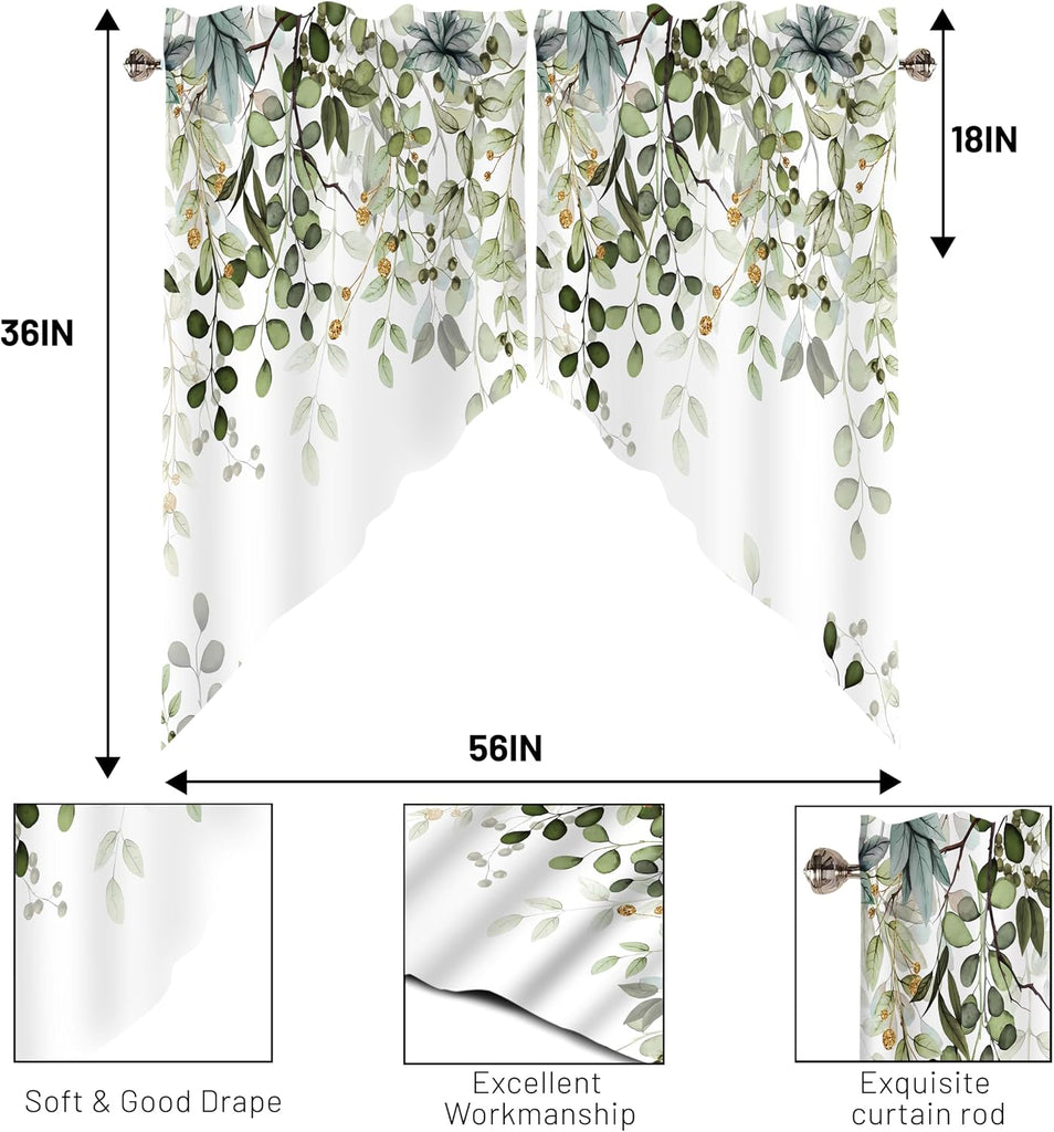 Sage Green Eucalyptus Swag Curtain Valance for Windows,Watercolor Leaves Window Treatments Short Swag Topper for Kitchen Windows Bathroom Bedroom, 1 Pair