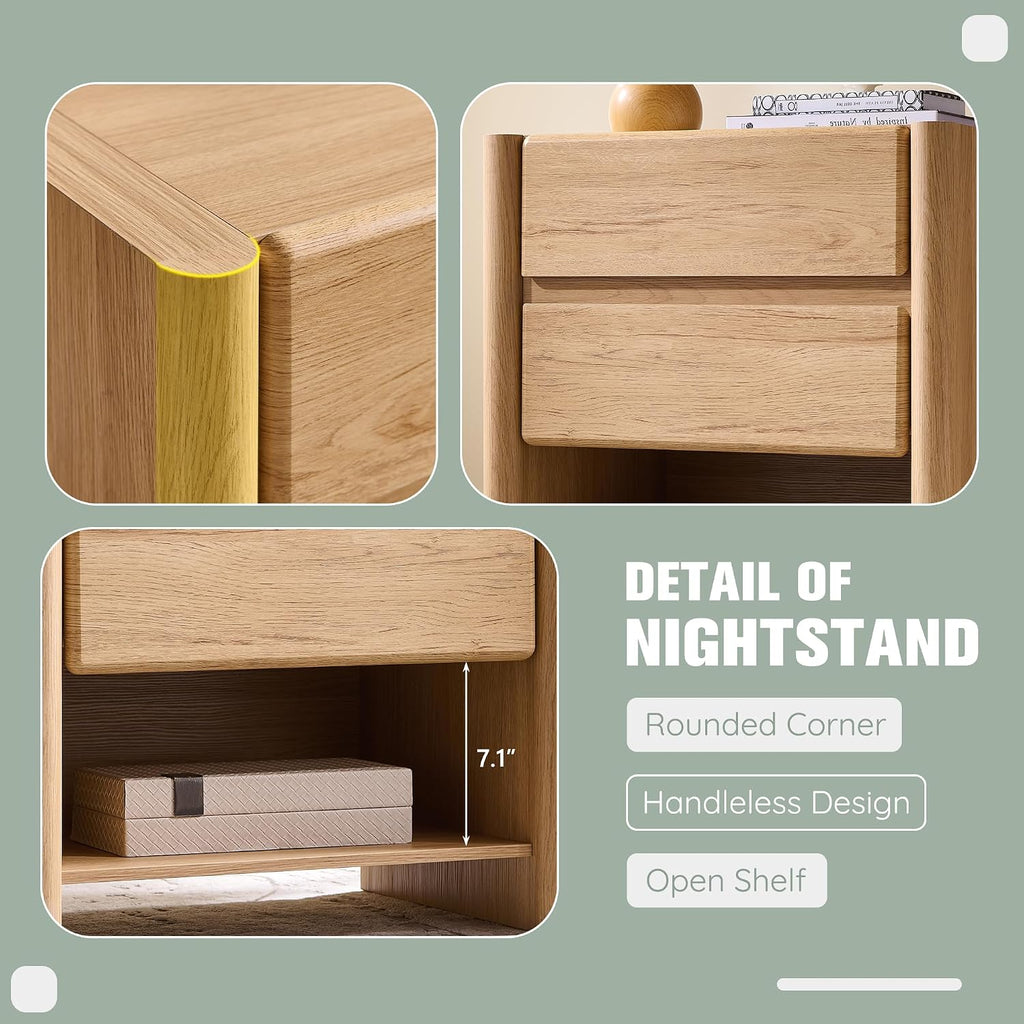 25" Tall Modern Nightstand with Charging Station, 23.6" W Night Stand with 2 Storage Drawers & Open Shelf, Wood