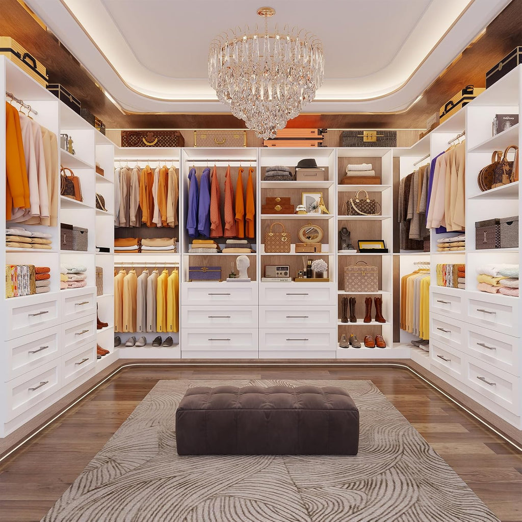 Closet System with 3 Sets, 6.5-16FT Corner Closet Organizer System with 6 Drawers & 11 Shelves & 6 Hanging Rods