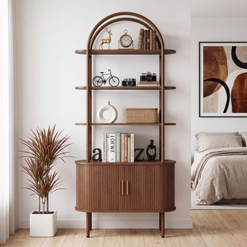 71" Tall Arched Bookshelf, Mid Century Modern Bookcase