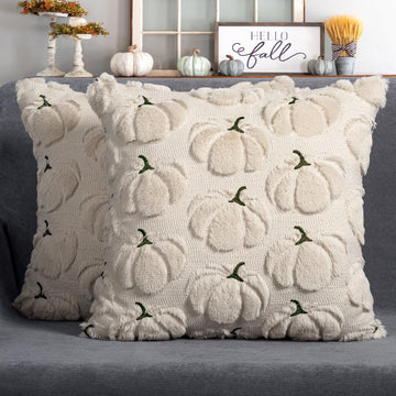 Fall Pillow Covers 18x18 Set of 2 Beige Pumpkin Decorations