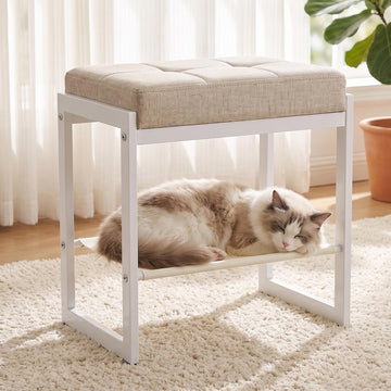 Vanity Stool, Vanity Chair Stools with a Lower Storage Shelf, Square Linen Upholstered Ottoman Bench, Small Modern