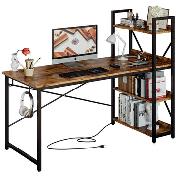 Computer Desk 55" with Power Outlet and Storage Shelves, Rustic Brown