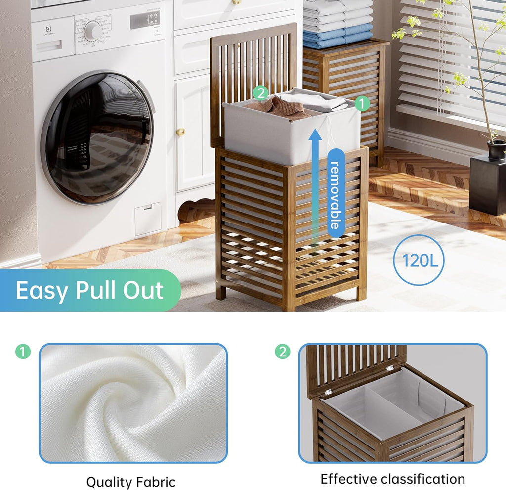 Double Laundry Hamper with Lid, 120L Bamboo Laundry Basket with Removable Liner Bag, 2-Section Clothes Divider