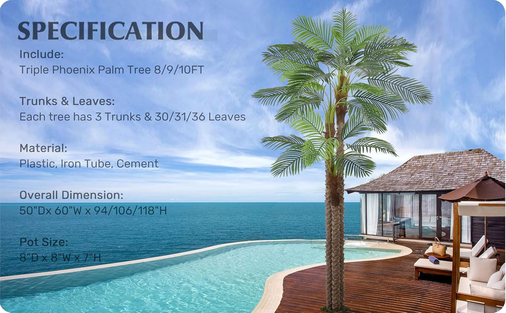 Artificial Triple Phoenix Palm Tree 9FT with 31 Leaves & Real Bark Tropical Coconut Areca Sago Palm Tall Large Faux