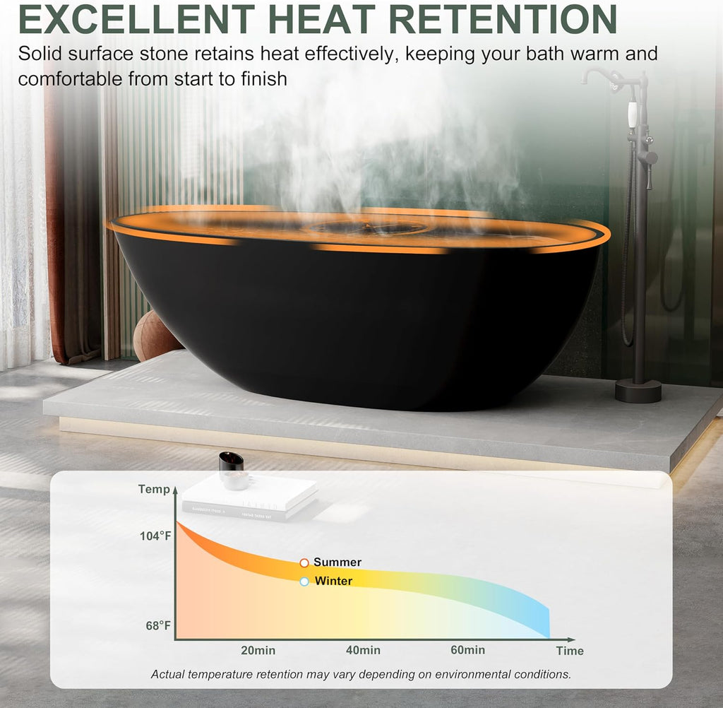 67" Freestanding Bathtub Egg-Shaped Stone Resin Freestanding Tub Solid Surface Matte Black Stand-Alone Tub with Drain