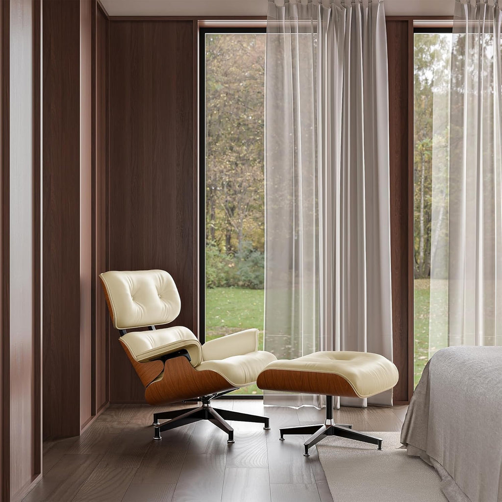 Mid-Century Modern Lounge Chair & Ottoman — Cream Bonded Grain Leather, Walnut Base, Premium Tall Back