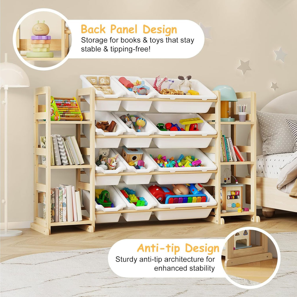 Extra Large Toy Storage - Toy Storage Organizer, Wooden Toy Organizer with 6 Side Shelves and 12 Bins, 3-in-1