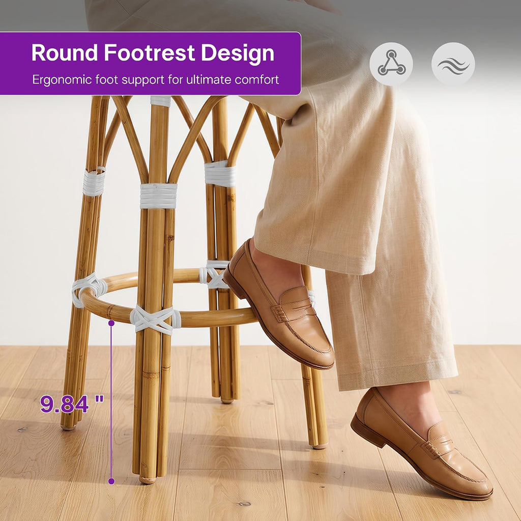Patio Round Counter Height Stool Set of 2 Outdoor Backless Barstools Aluminum Frame in Bamboo Finish with White
