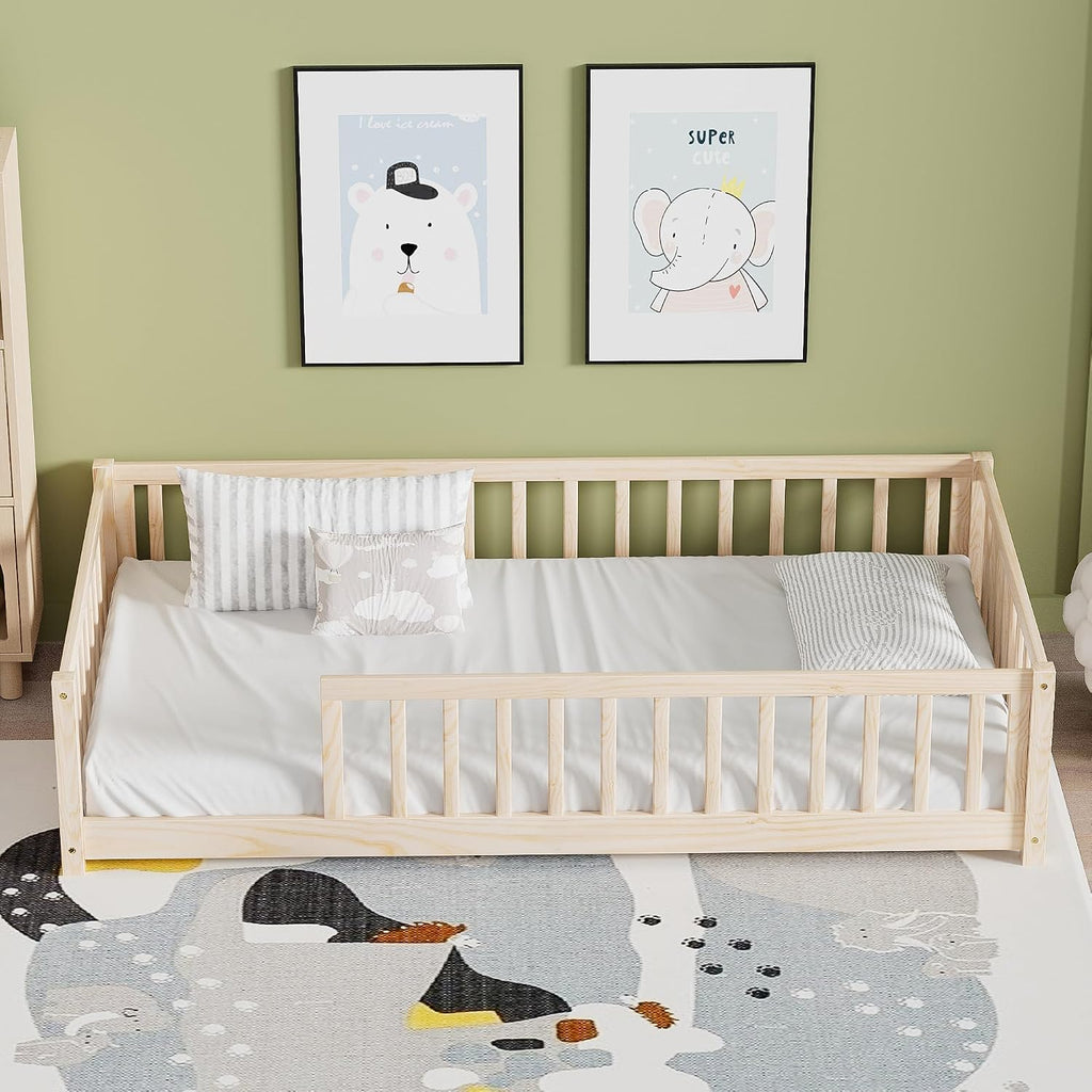 Twin Floor Bed for Kids Solid Wood Montessori Bed Frame with Safety Guardrails Multifunctional Montessori Floor Bed