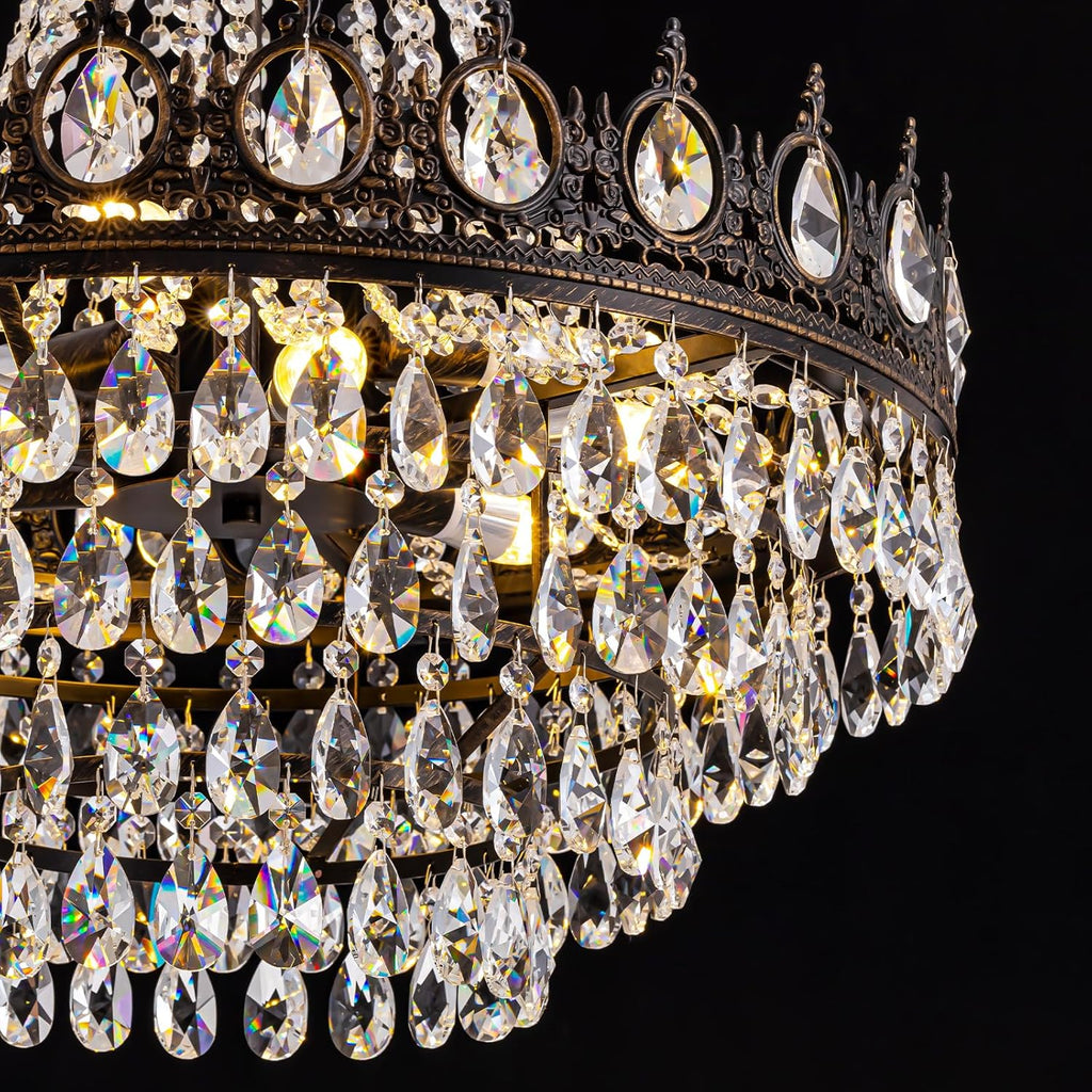 Large Crystal Chandeliers, Vintage French Empire Chandelier, Antique Bronze Crystal Pendant Light, Rustic Farmhouse Ceiling Light for Dining Room Bedroom Living Room Kitchen Foyer, W 24"