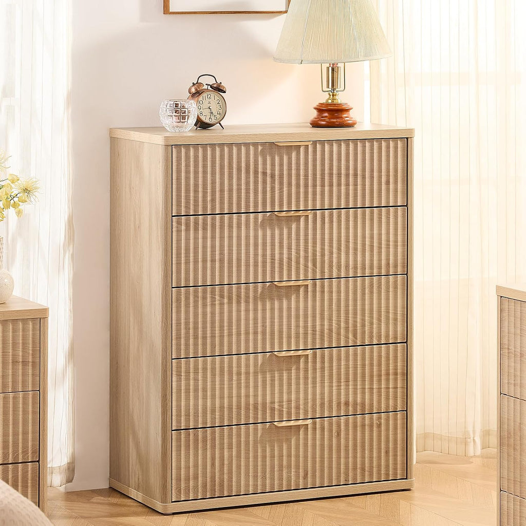 Fluted 5 Drawers Dresser , 41" Tall Modern Chest of Drawers with Metal Handle, Curved Profile Design,Natural Wood