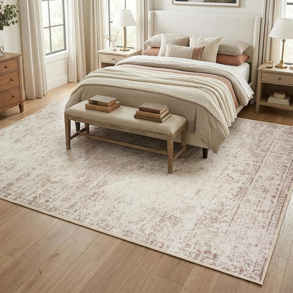 Washable Area Rug 9x12, Non-Slip Backing, Distressed Beige