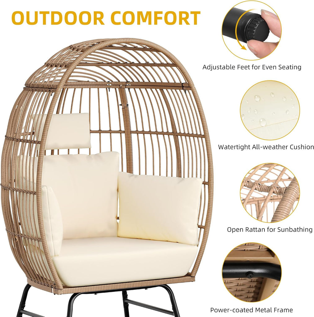 Accent Living Room Egg Chair w/ 2-in-1 Ottoman, Wicker Oversized Basket Chair with 5 Thick Cushions, Footrest, Comfy