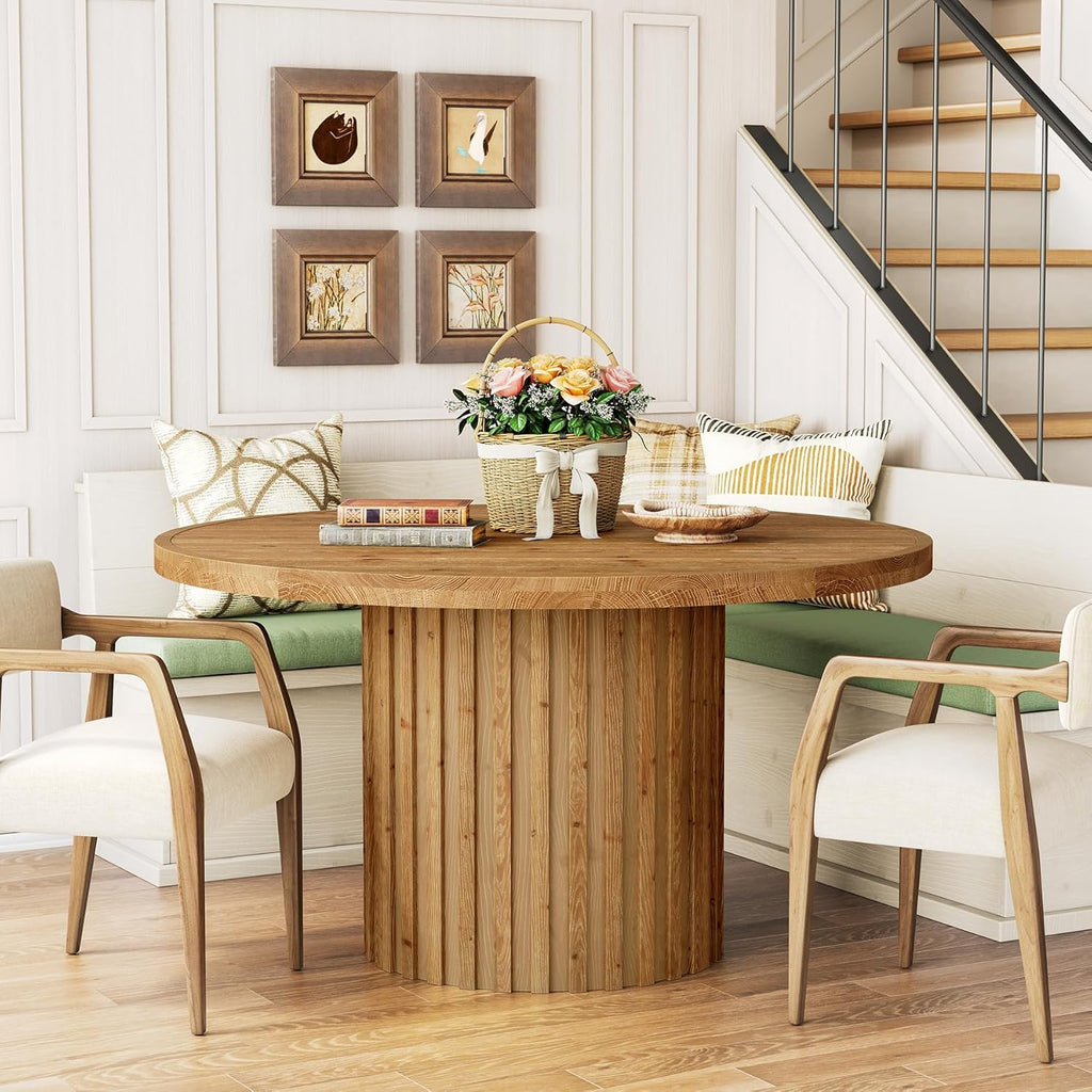 47" Solid Wood Dining Table for 4-6, Farmhouse Round Kitchen Table with Striped Pedestal Base, Circle Wooden Dining