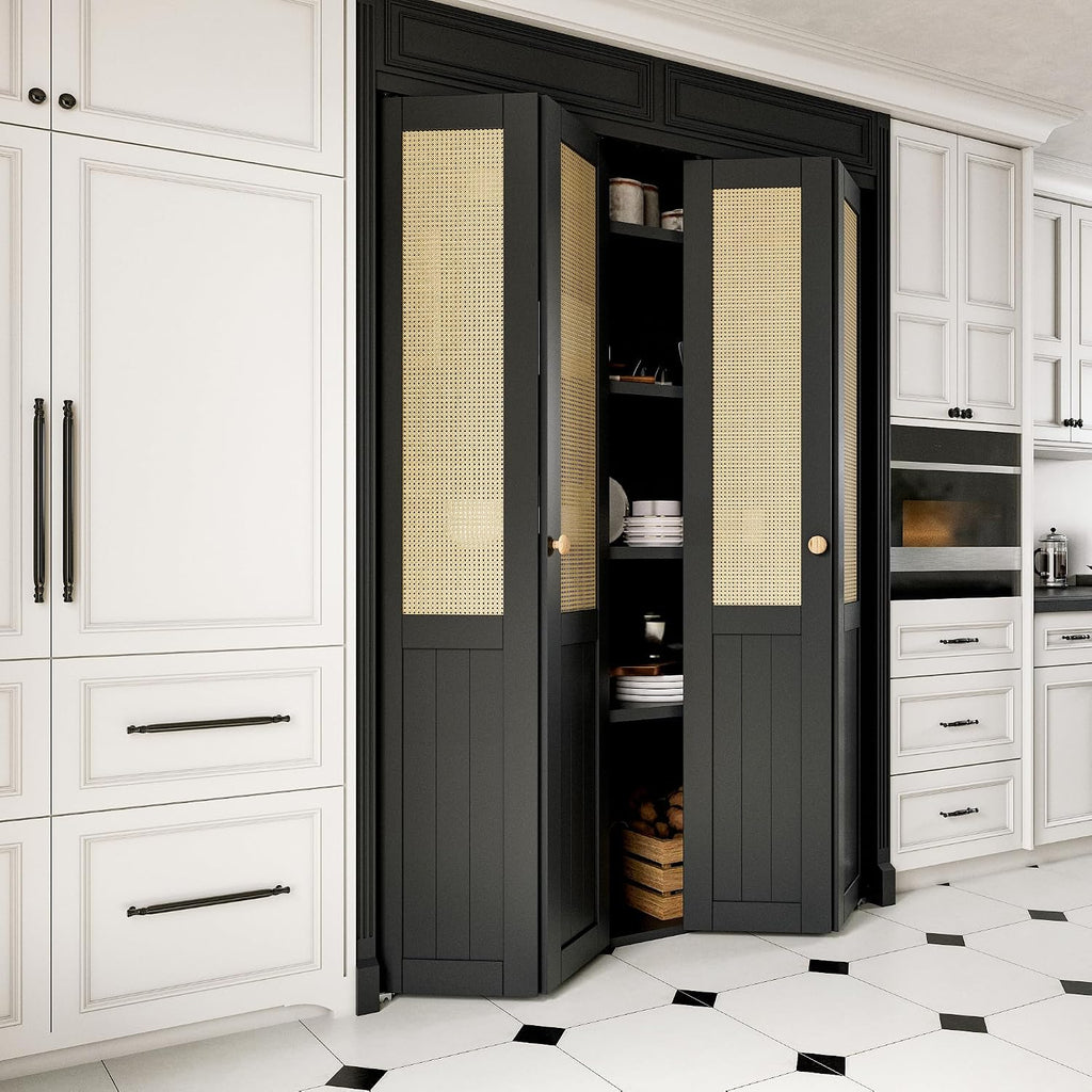60'' x 80" Rattan Bifold Closet Door, Cane Webbing Wood Interior Door Slab, Build Quality Black Folding Barn Doors